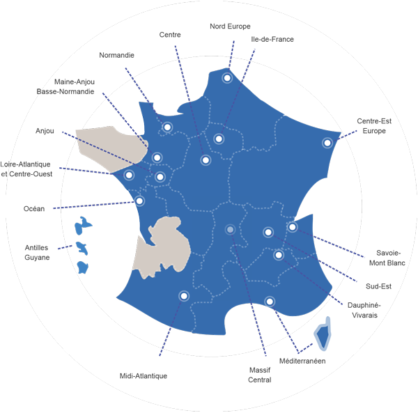 Réseau Crédit Mutuel : Nord Europe, Ile-de-France, Centre-Est Europe, Savoie-Mont Blanc, Sud-Est, Dauphiné-Vivarais, Méditérranéen, Massif Central, Midi-Atlantique, Océan, Loire-Atlantique et Centre-Ouest, Anjou, Maine-Anjou Basse-Normandie, Normandie, Centre, Antilles Guyane.